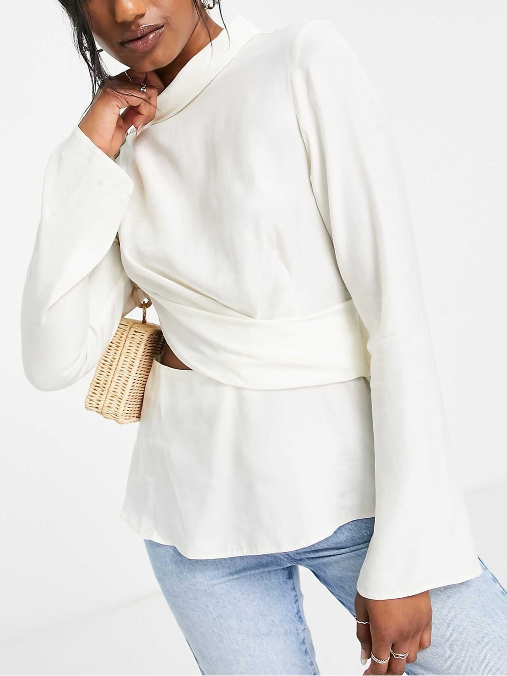 Topshop Ivory Draped Long Sleeve Blouse